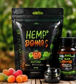 Hemp-derived wellness product packaging arranged on a natural surface